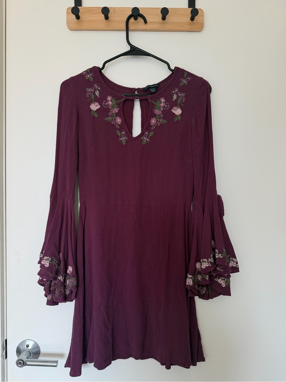 American Eagle Outfitters Women’s Embroidered Plum Bell-Sleeve Dress